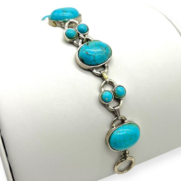 Bohemian Silver Bracelet Turquoise Blue Round Shape Semi Precious Stone Howlite - Picture 5 of 14